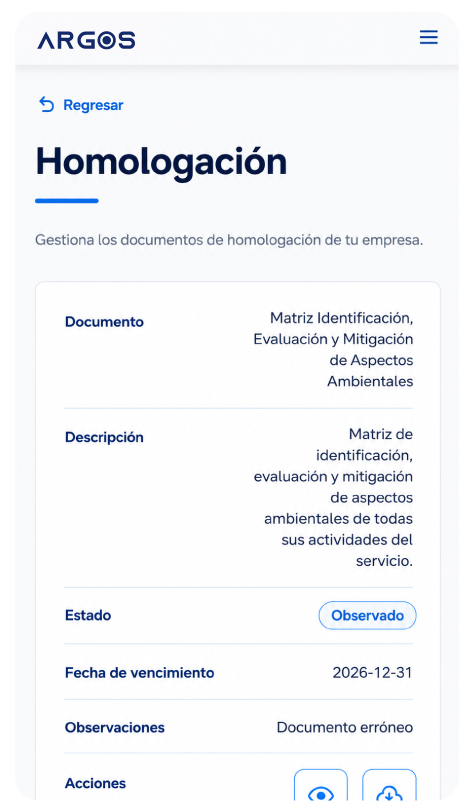 Vista móvil de homologación en ARGOS